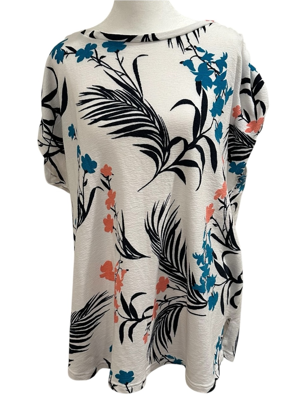 Liz Claiborne XXL Tropical Floral Boat Neck Top Ruched Short Sleeve White Blue